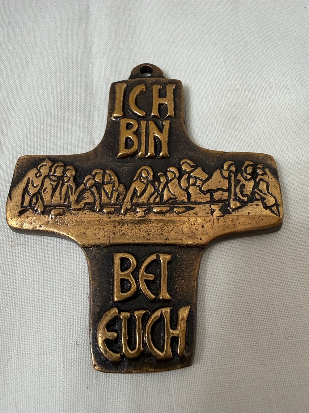 Vintage Mid Century German Liturgical Cast Bronze Last Supper Wall Art Cross